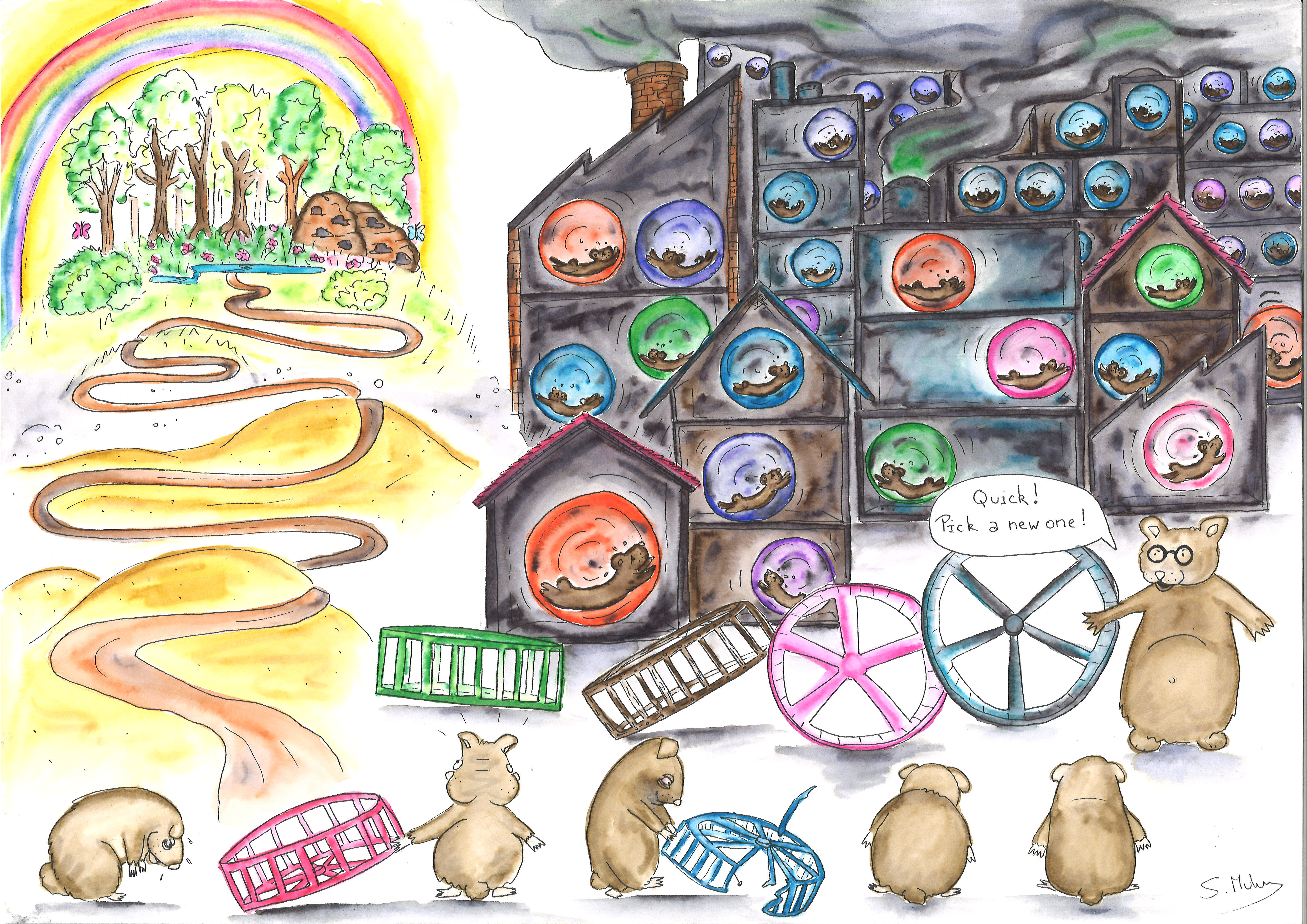 Watercolour representing a world of hamstesrs. Most are in dark buildings, spinning their wheel. At the front exhausted hamsters are queing up, some dragging their broken wheel along. They face an authoritative-looking hamster showing new wheels and saying 'Quick, pick a new one!'. A hamster in the middle of the line is looking confused. His head going from the landscape of dark buildings to a lush nature landscape that can be seen in the distance, at the end of a long and tortuous path in the desert.