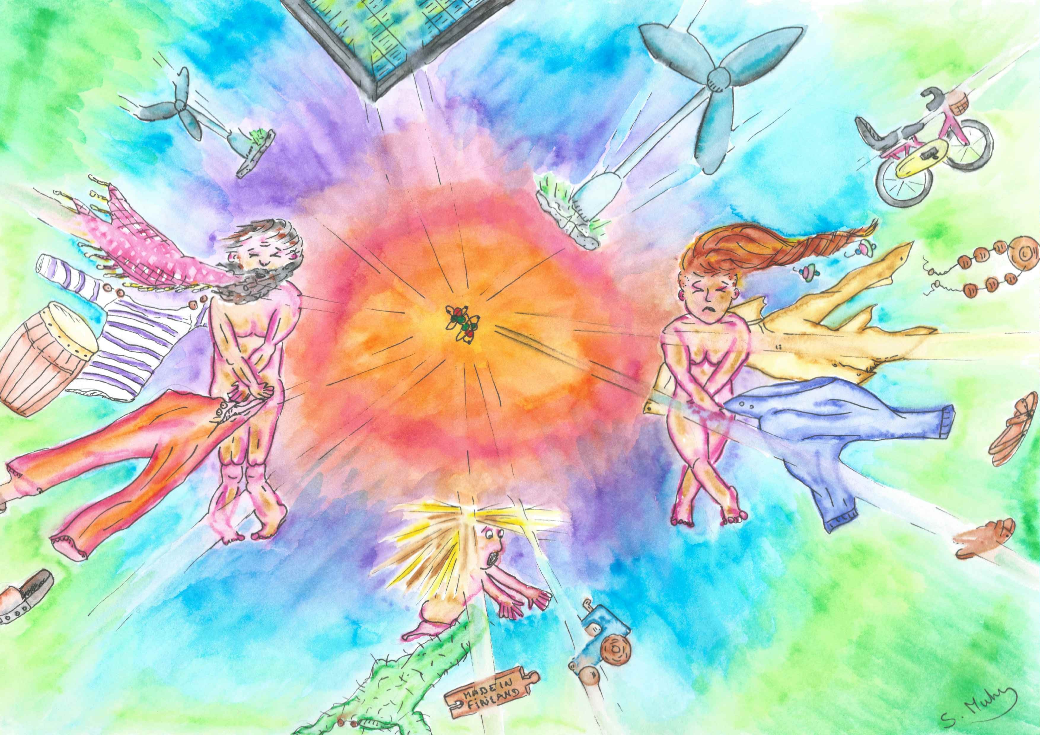 Watercolour painting of a nuclear fusion explosion tearing away the clothes and accessories of a middle-class eco-smug couple and their child. There are also wind turbines, solar panel, and a bike being blown out in the background.