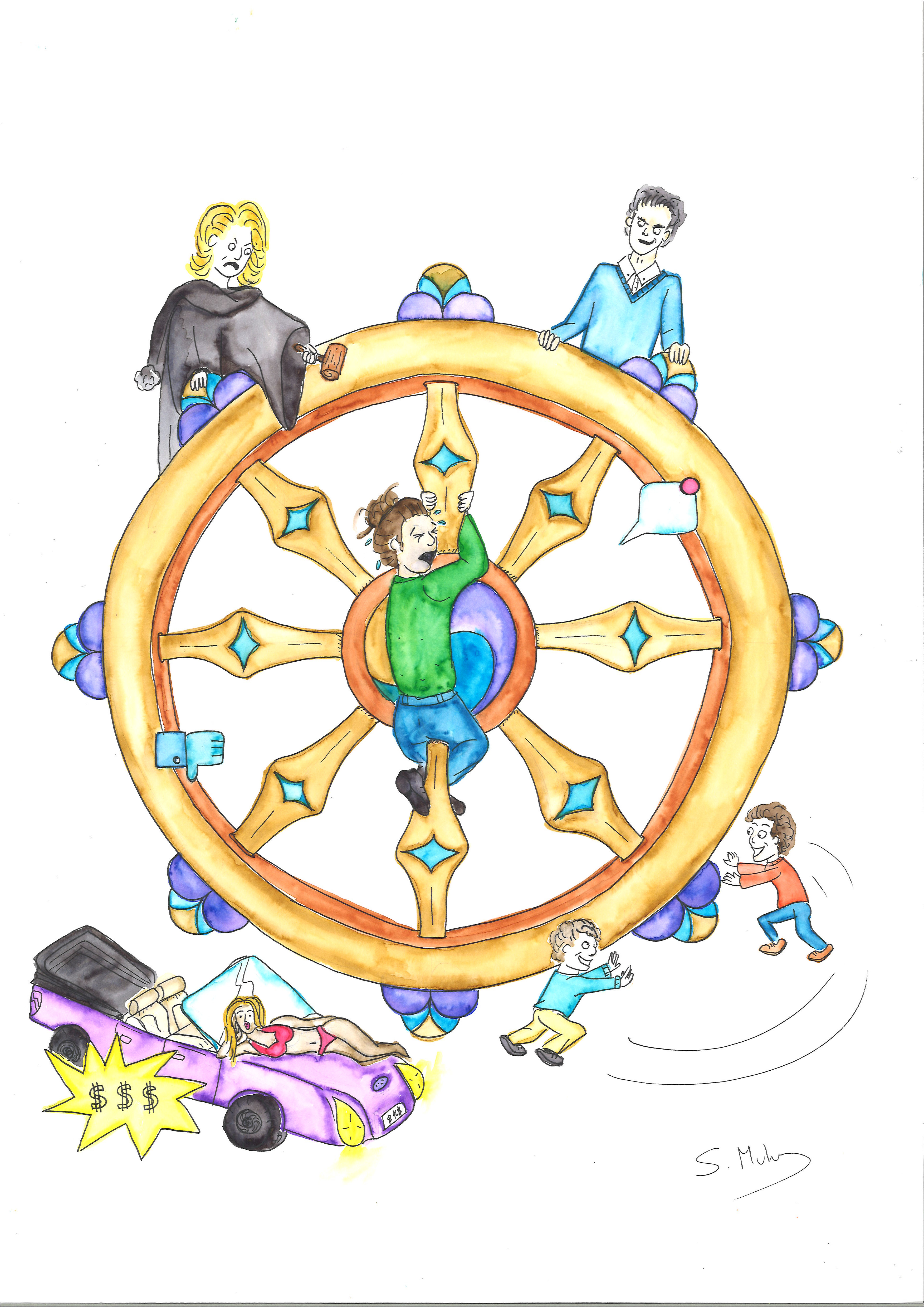 Watercolour showing a women desperately clinging onto a Dharma wheel. Around the wheel are children messing about, an ad for a sports car with a bikini-clad lady on top, a judge pointing their hammer to the lady on the Dharma wheel, and a man looking at her with a scornful look on his face.