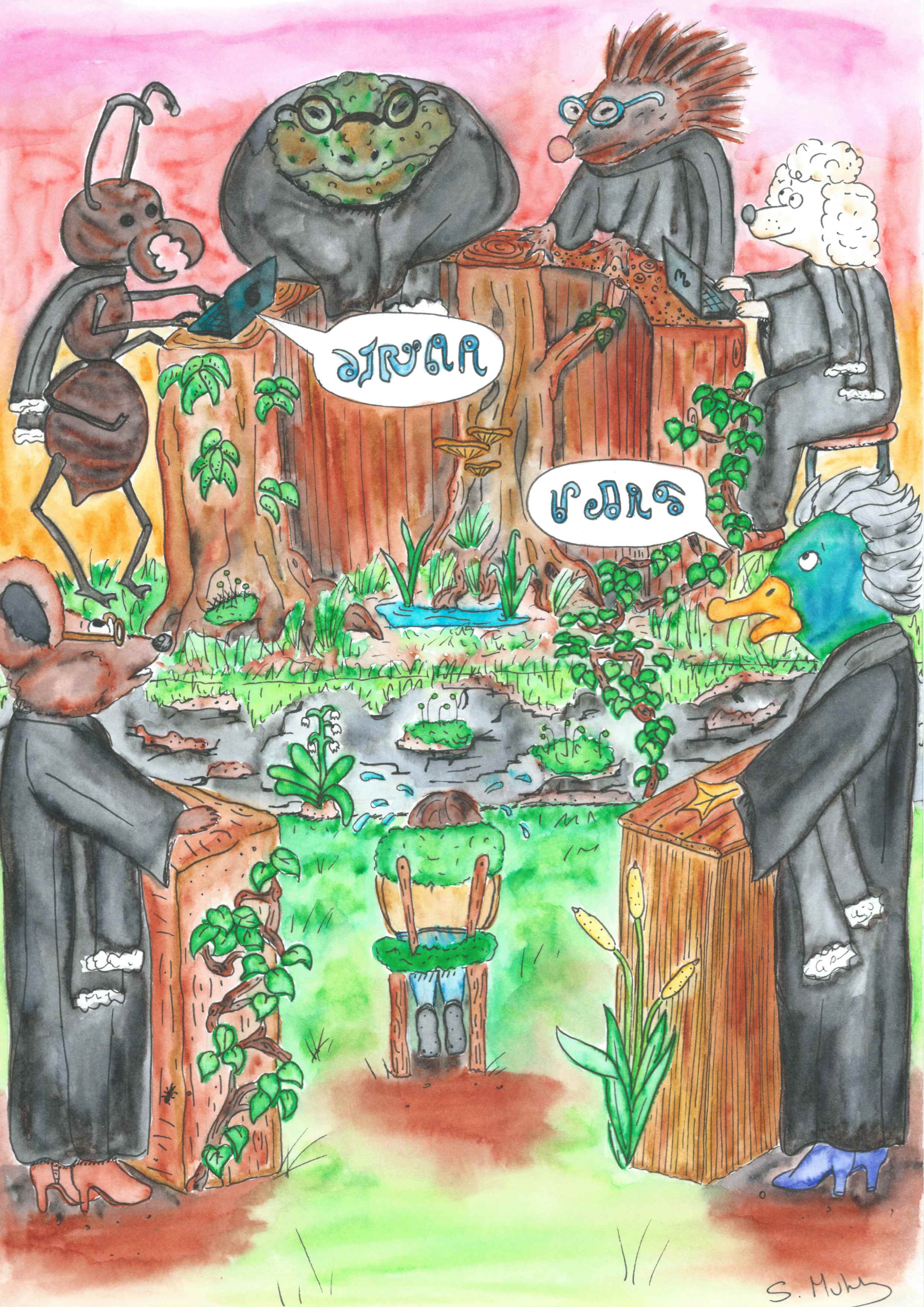 Watercolour painting of a court in session. The scene looks taken out of a fairy tale. The court is presided by an ant, a toad, a hedgehog, and a poodle standing behing a stand on a platform. The lawers are a mouse and a duck. The plaintiff is sat on a small chair in the middle and is crying.