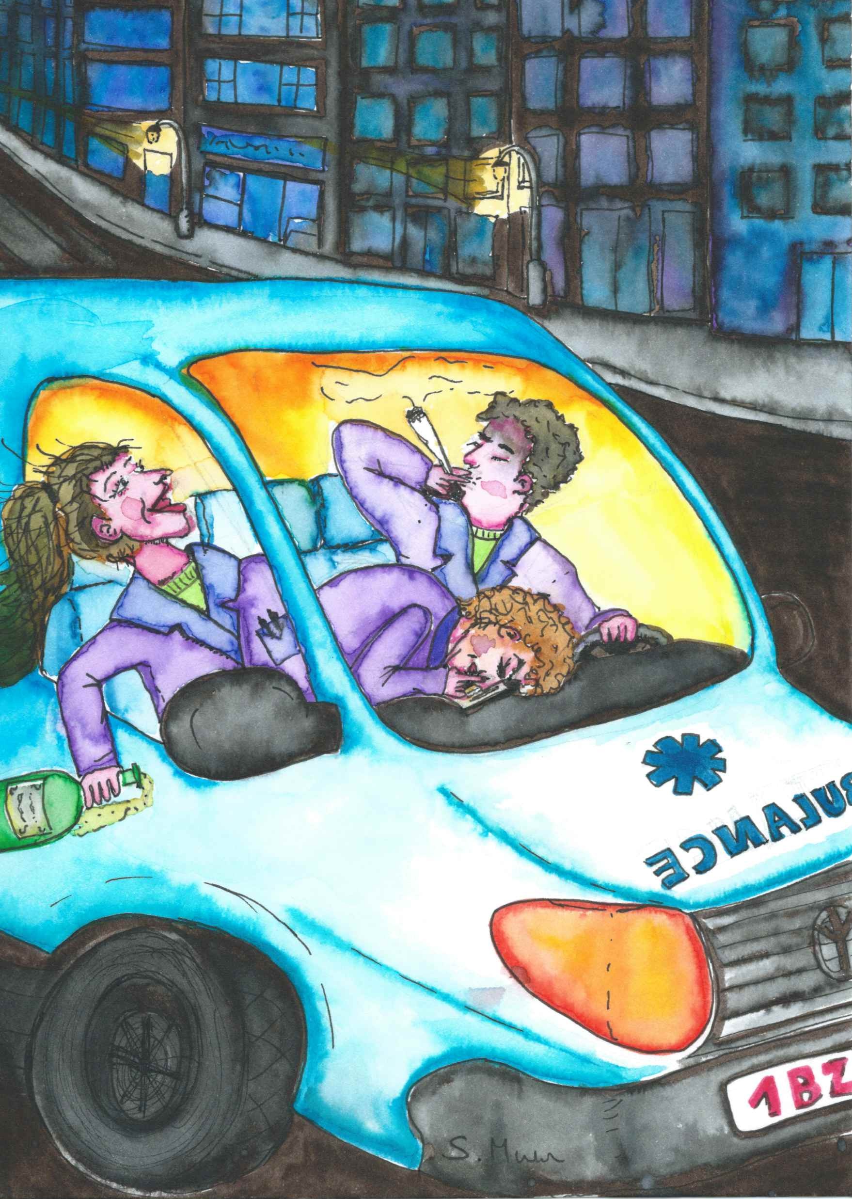 Watercolour painting of ambulance drivers drinking, smoking, and doing lines of coke whilst on an emergency run.