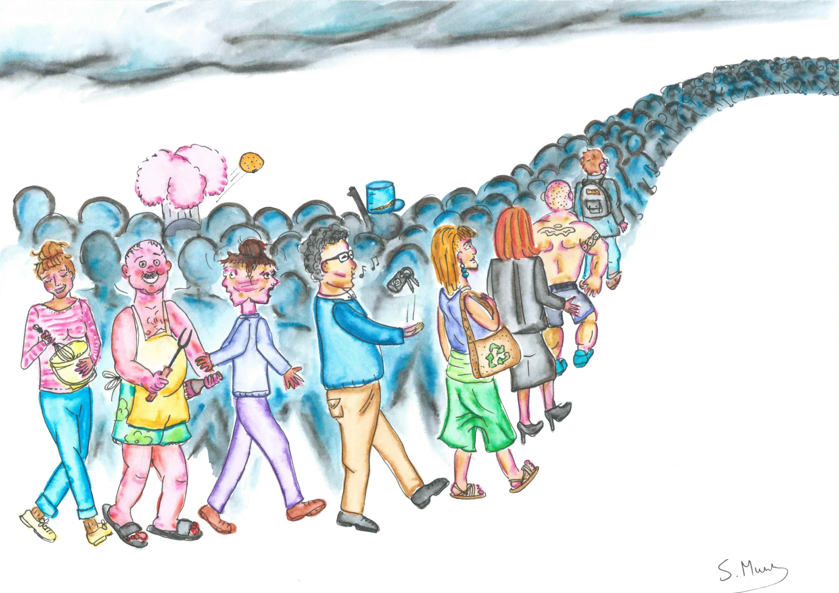 Watercolour painting of a long queue of people walking towards the horizon. Among them is a panicked lady trying to get the attention of her neighbours. Among the people there are: a young lady making pastry, a rotund man in barbecue gear, a middle-class man whistling and jingling his car keys, an eco-conscious lady wearing harlem pants.