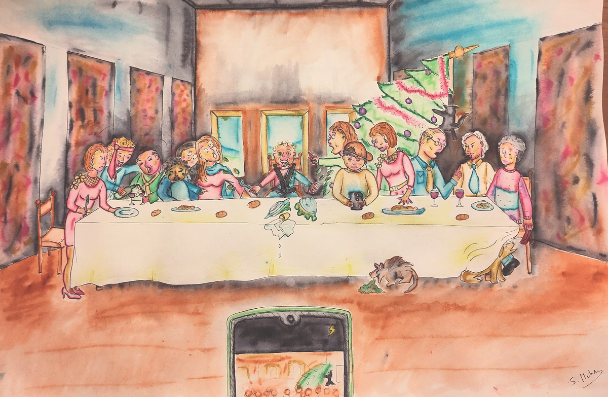 Watercolour painting using the layout of the famous 'Last supper'. A family is gathering around a table for christmas. A cat is jumping into the christmas tree in the background. A baby is spilling food on the table. Adults drink and argue. Two women are eyeing each other angrily for wearing the same outfit. A teenager is focused on their phone. Someone is giving food to a dog whilst a cat is throwing up in the foreground.