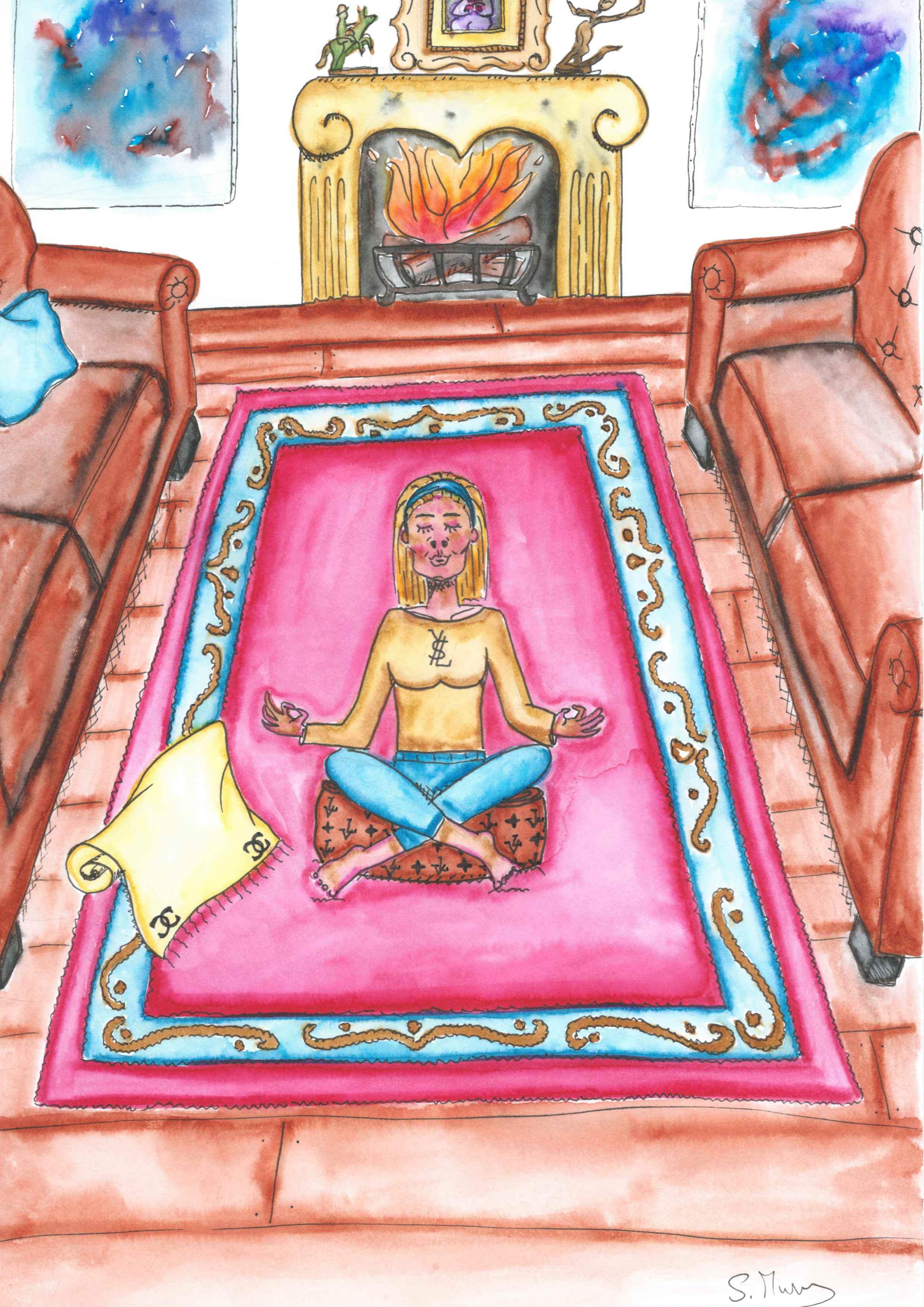 Watercolour painting of a lady meditating in a lush living room. She is wearing a t-shirt from a luxury brand. Her yoga blanket and her mediation cushion are equally displaying logos reminding of luxury brands.