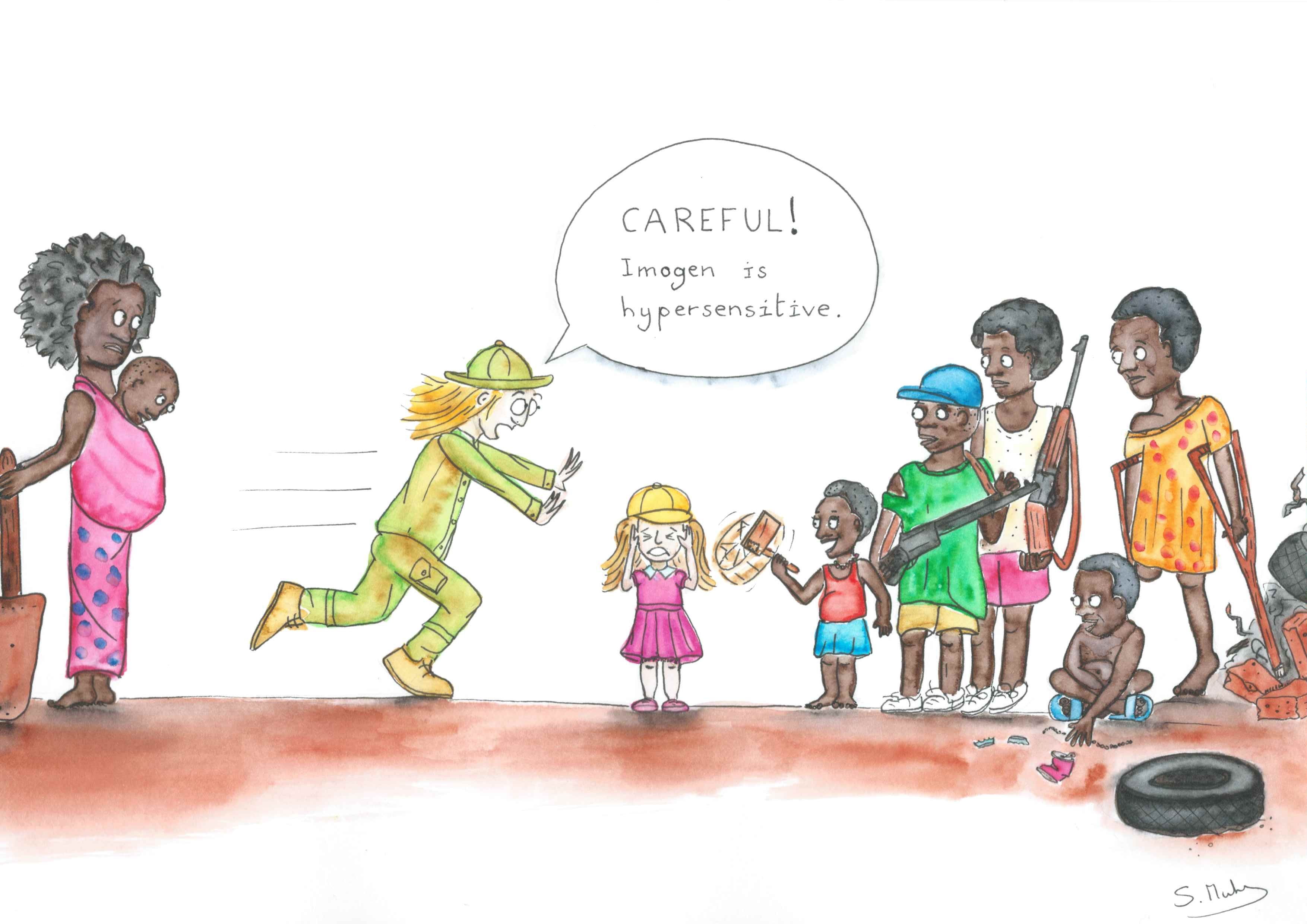 Watercolour painting of a scene somewhere in a developing country in Africa. Children in rags are playing with rubble, carrying weapons, walking with crutches. One of them, a toddler, is playfully rattling a ratchet at a blond little girl. The blond girl is plugging her ear and wincing. Her mother is running towards them shouting 