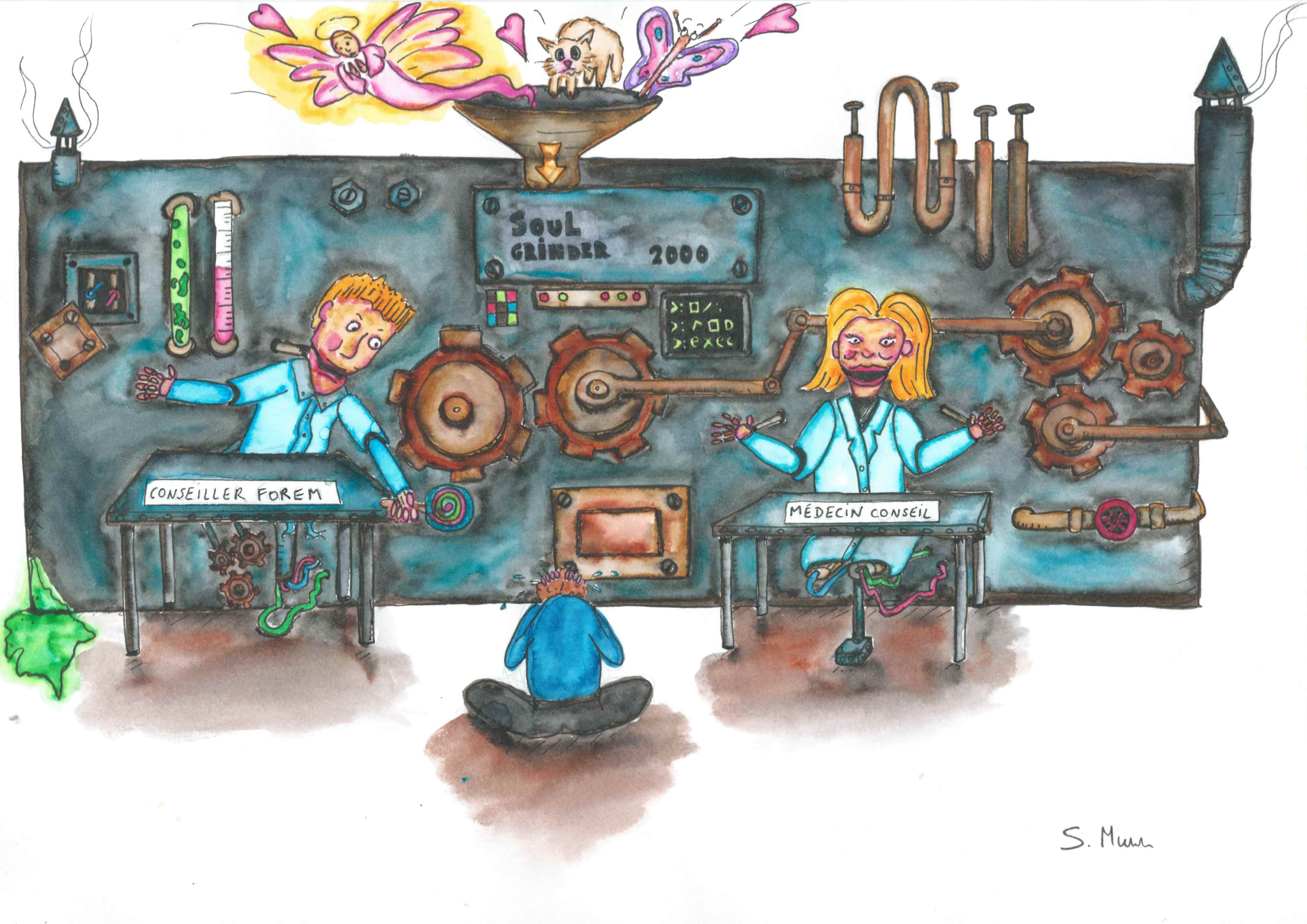 Watercolour painting of a person crying in front of an old, large, and clunky machine labeled 'Soul grinder 2000'. Two humanoid 'counsellors' are attached to the machine.