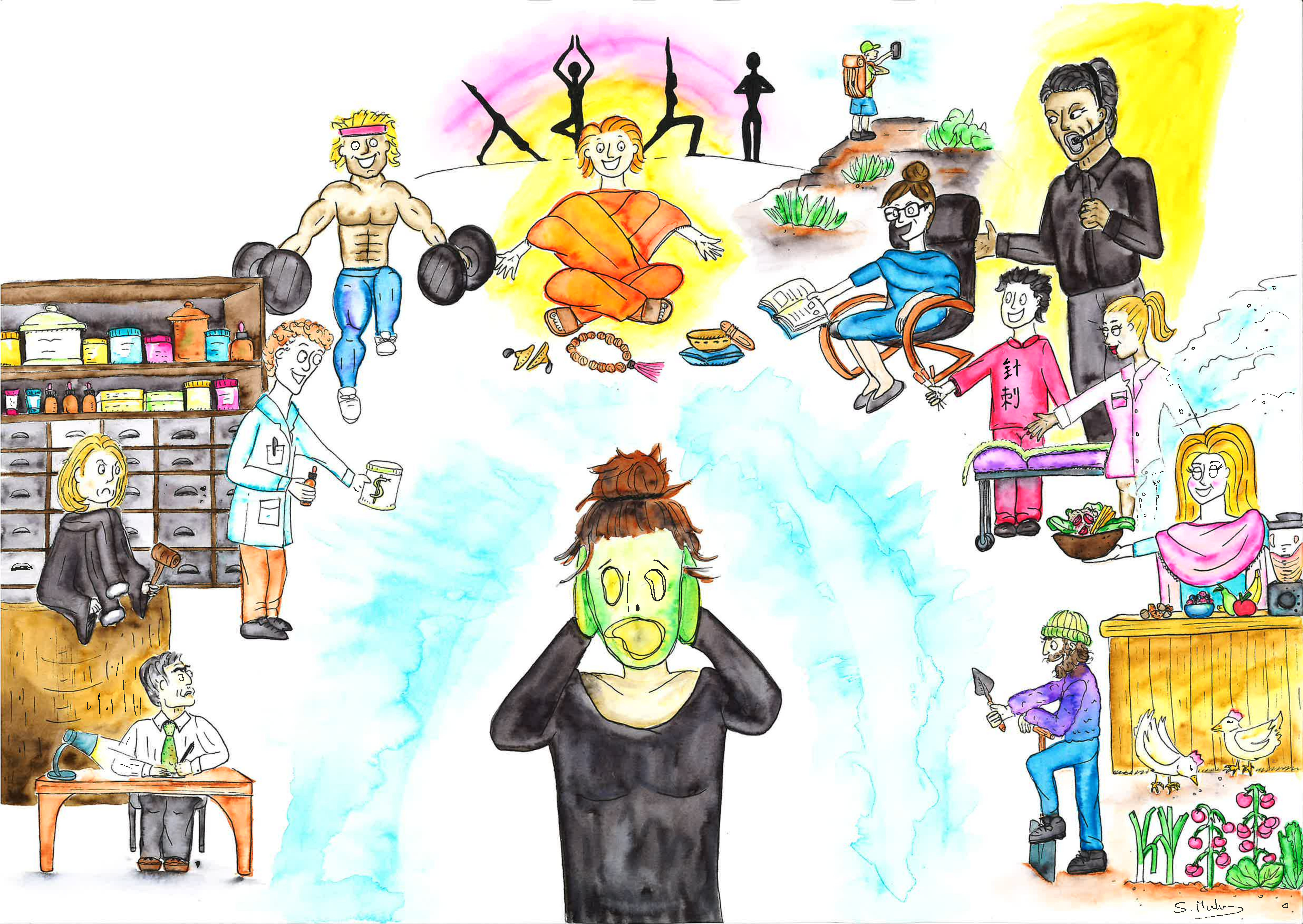 Watercolour painting of a woman screaming. She is surrounded by the whole rainbow of people and reactions that burnout sufferers have to put up with, from the well-meaning nutritionists and coaches, to the judgmental older generation of workers, to pharmacists, sports coaches, and spiritual guides.