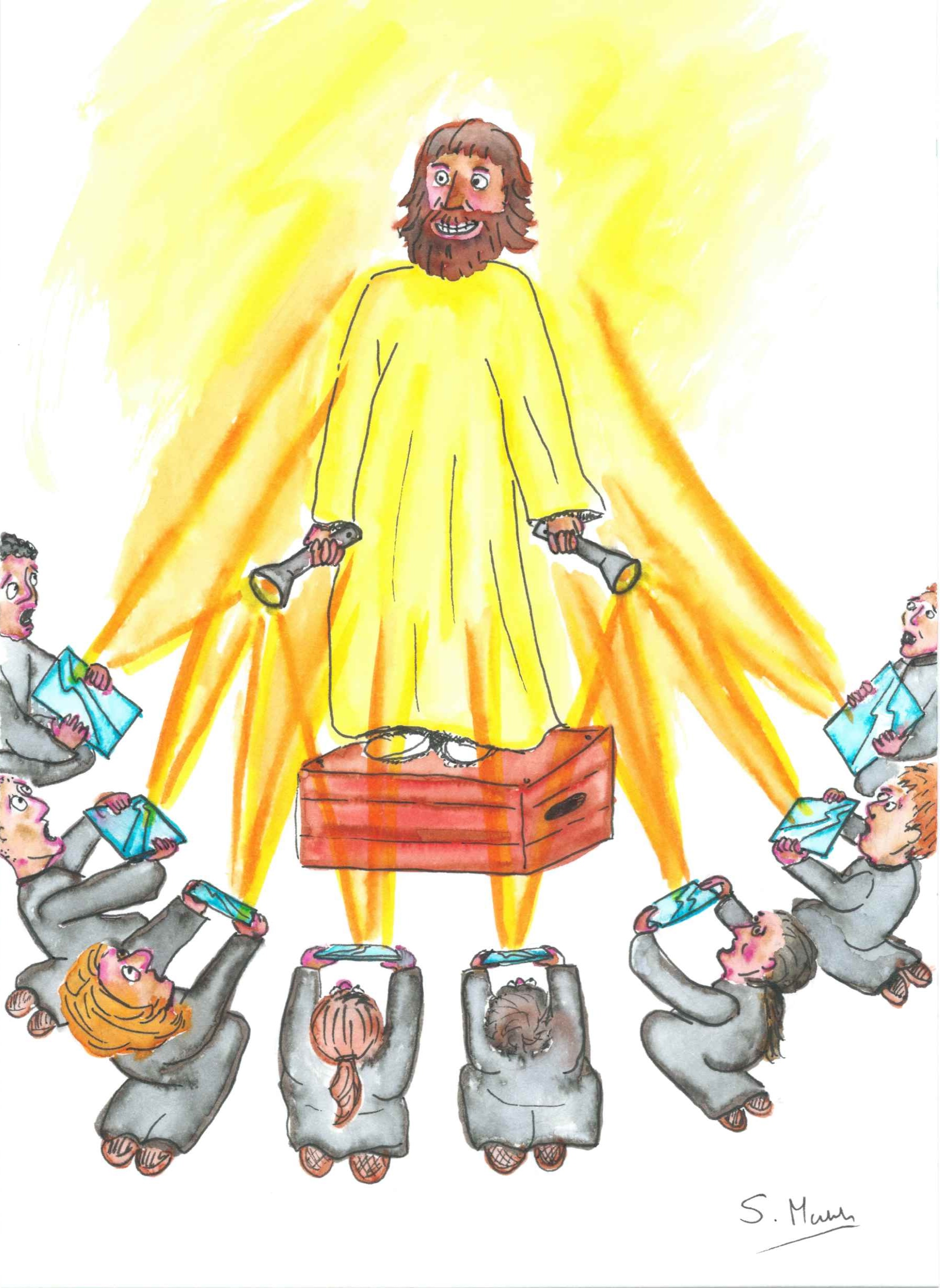 Watercolour painting of a man in a white robe standing on a soapbox. He is surrounded by disciples wearing grey robes and each holding a mirror. The man is shining two flashlights towards the mirror, thereby bathing in the glow of the reflected light.