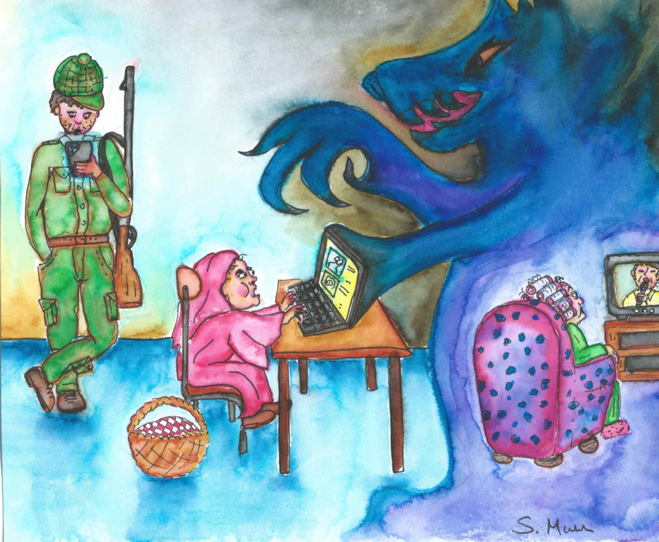 Watercolour painting of the little red riding hood sitting at a computer. The wolf is fused with the computer grabbing the attention of the little girl. In the wolf's tummy sits the grand-mother watching telly. The hunter is leaning by a wall, absorbed in his smartphone.
